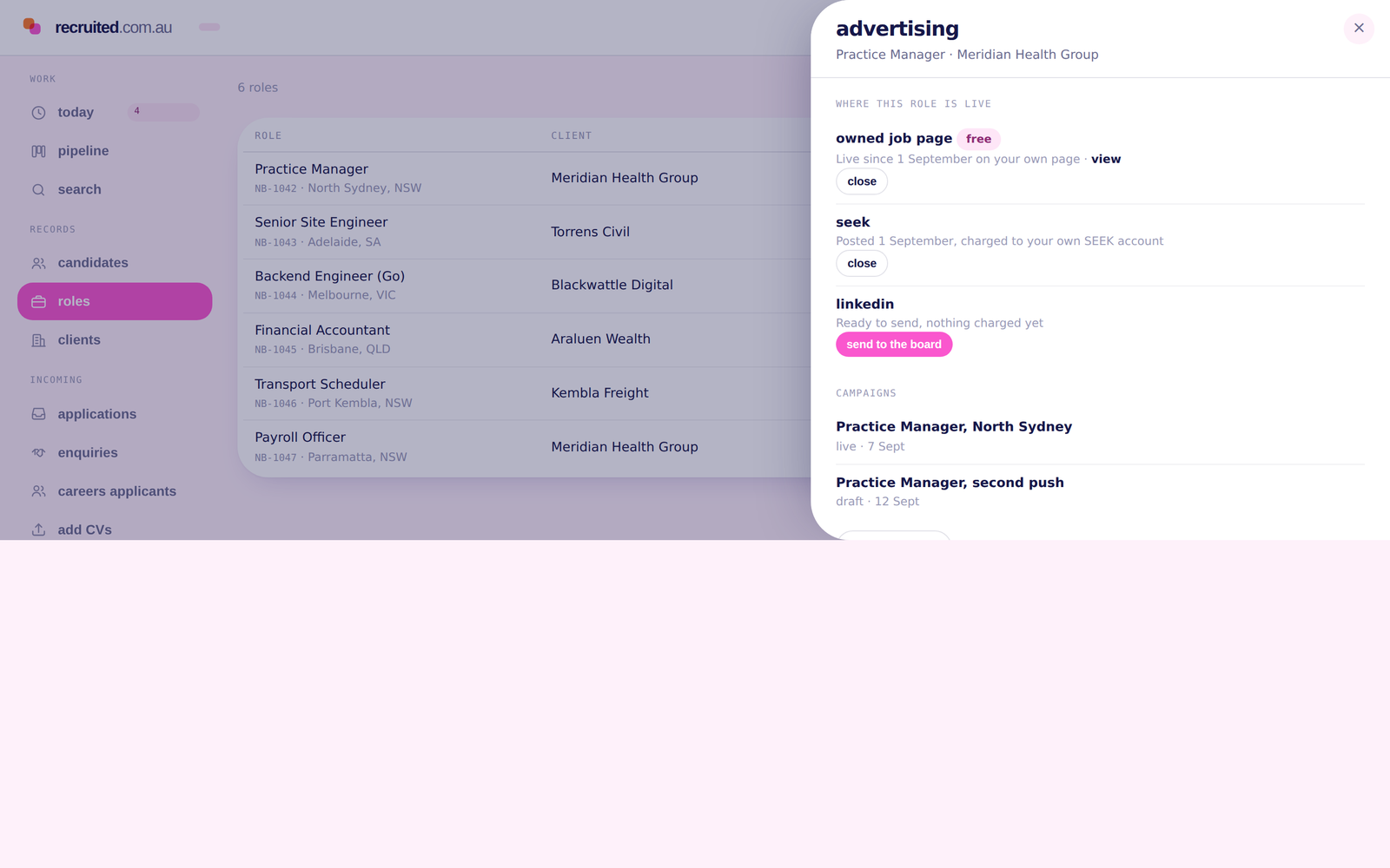 The advertising panel for one role, listing where it is live: the agency's own job page at no cost, and each board with what it says and whether anything has been charged.