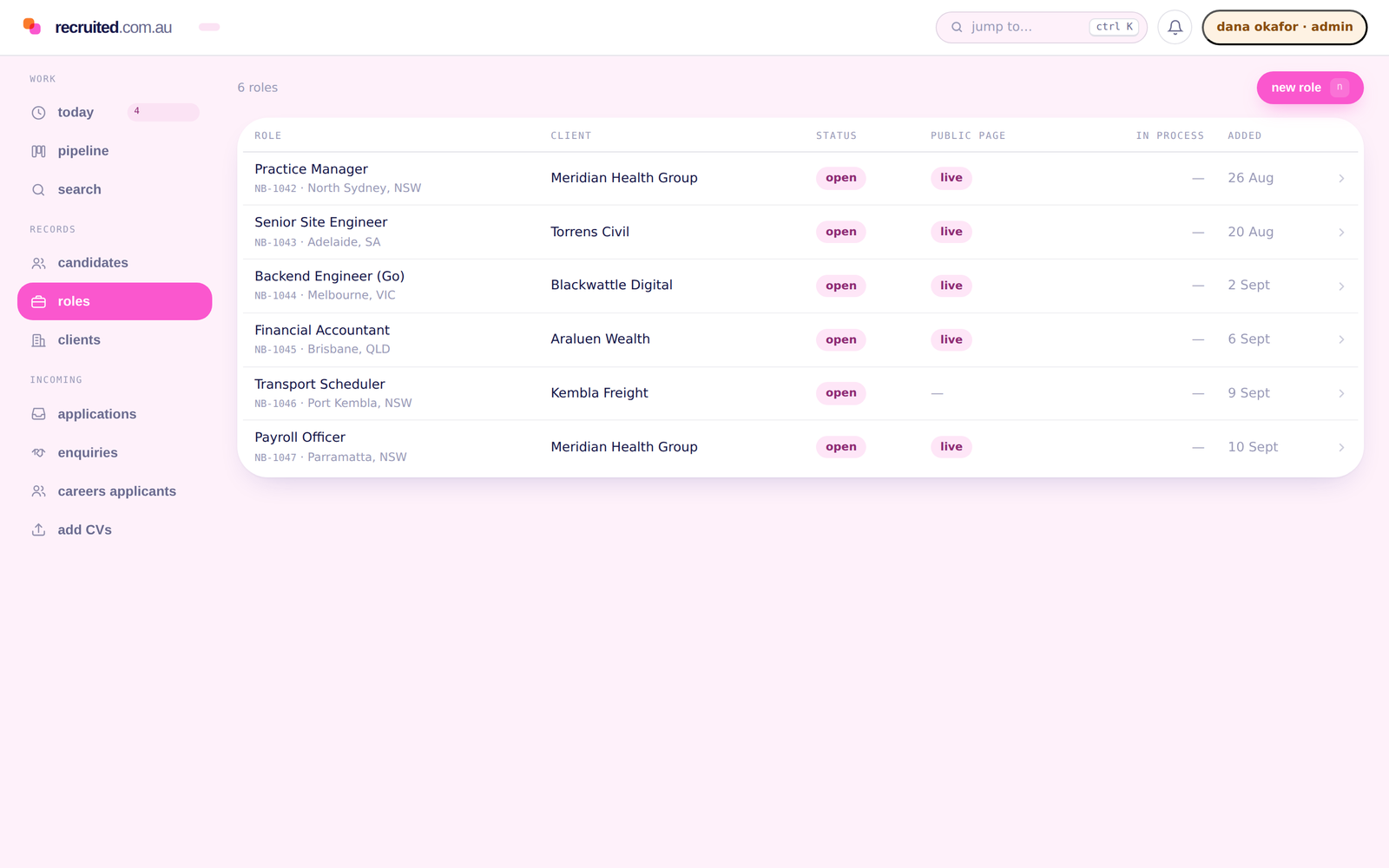 A list of open roles with their reference, location, client and whether each is live on a public page.
