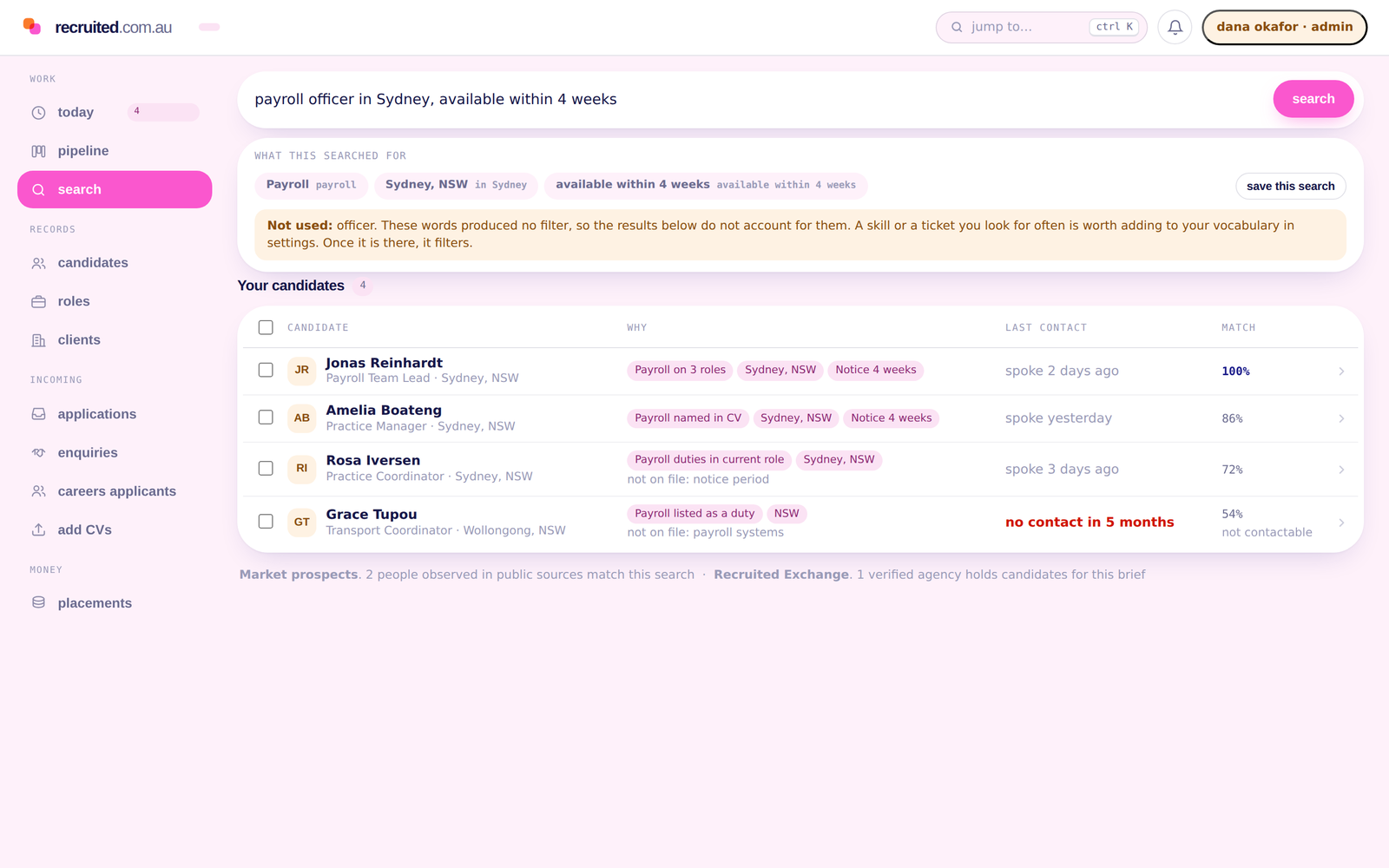 A search reading "payroll officer in Sydney, available within 4 weeks". Above the results, the filters it produced and the one word it could not use. Beside each person, the evidence for the match, when they were last spoken to, and how much of the question they answer.